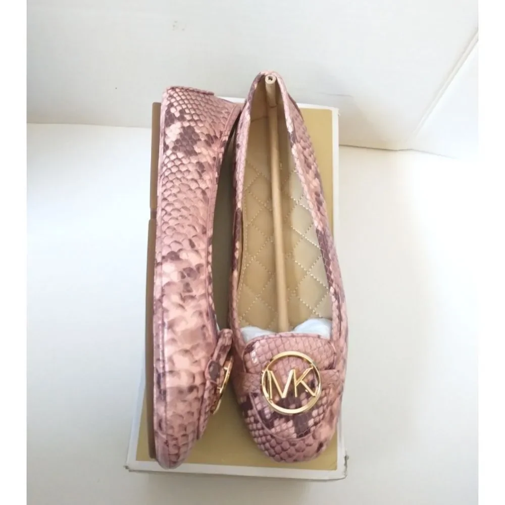 New! MICHAEL KORS Women's Leather Snake-embossed Lillie Flat Shoes Moccasins 9.5